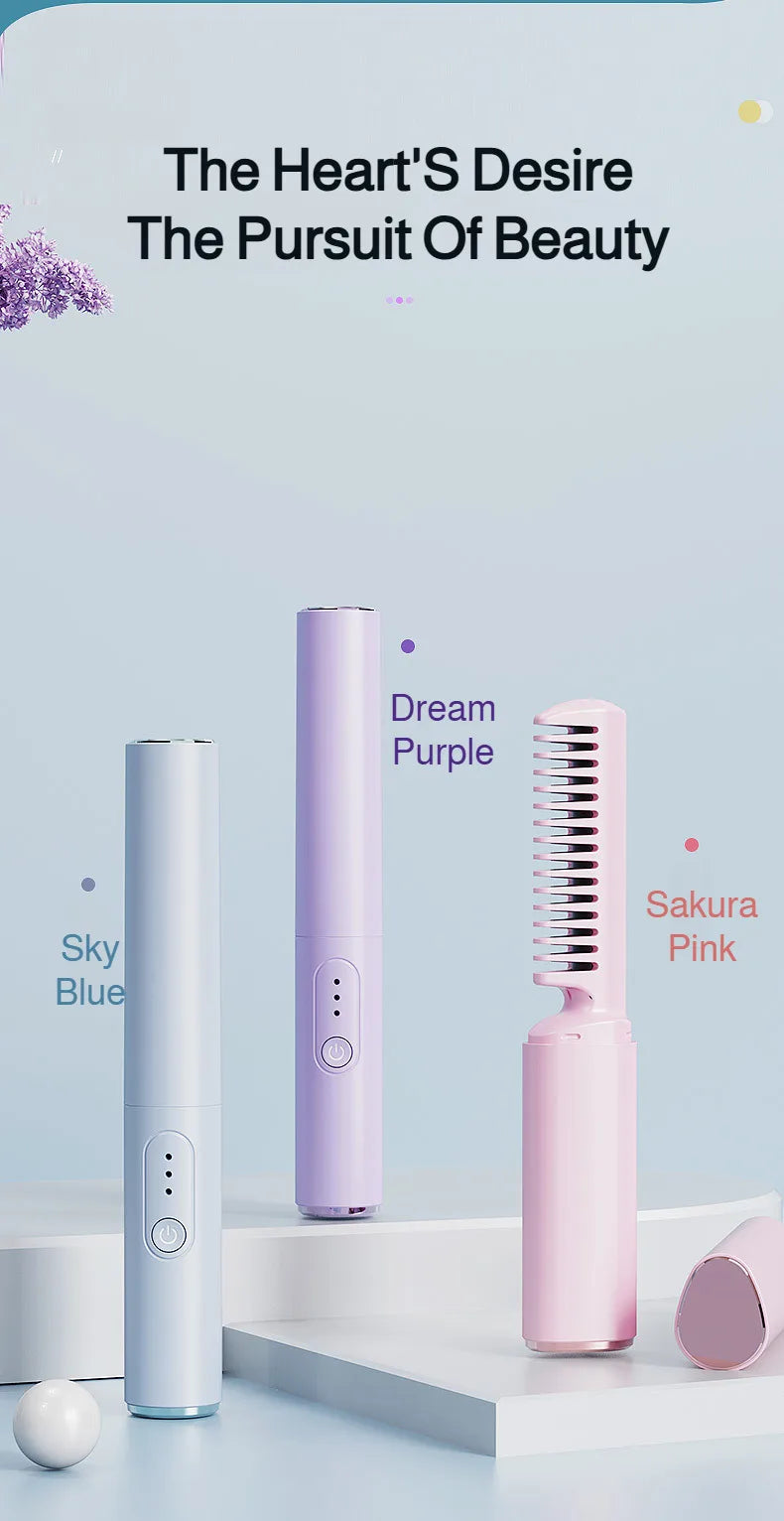 USB Wireless Hair Straightener with Curling and Straightening 2-in-1 Travel Portable Rechargeable Curling Iron  for Less Frizz,