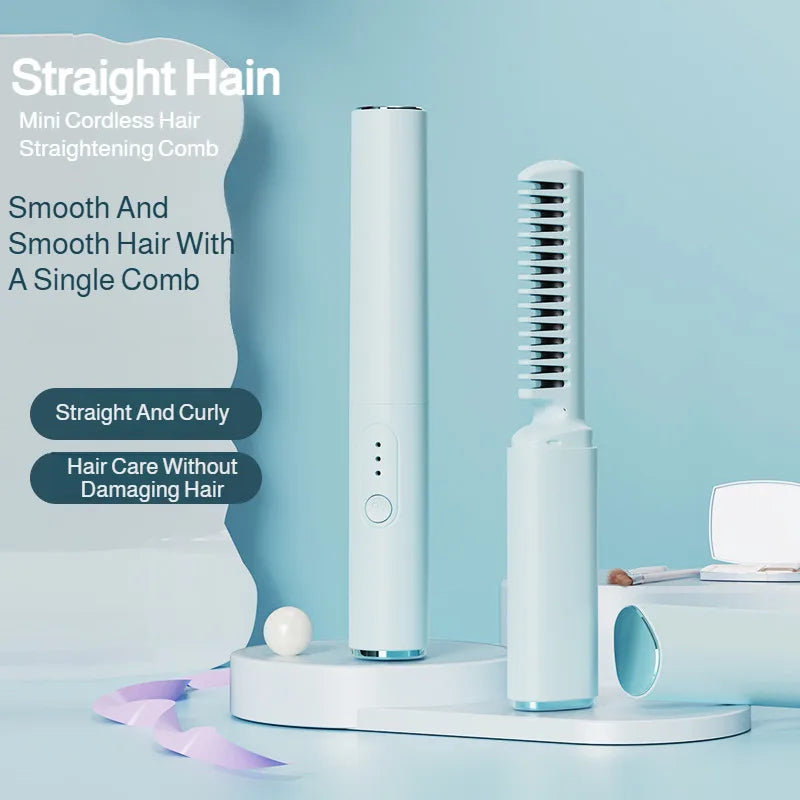 USB Wireless Hair Straightener with Curling and Straightening 2-in-1 Travel Portable Rechargeable Curling Iron  for Less Frizz,